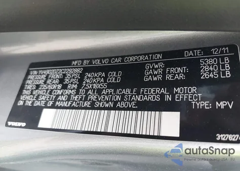 2012 Volvo Xc60 T6/T6 Platinum/T6 Premier Plus/T6 R-Design/T6 R-Design Platinum/T6 R-Design Premier Plus z USA, uszkodzony, nr VIN YV4902DZ2C2292882